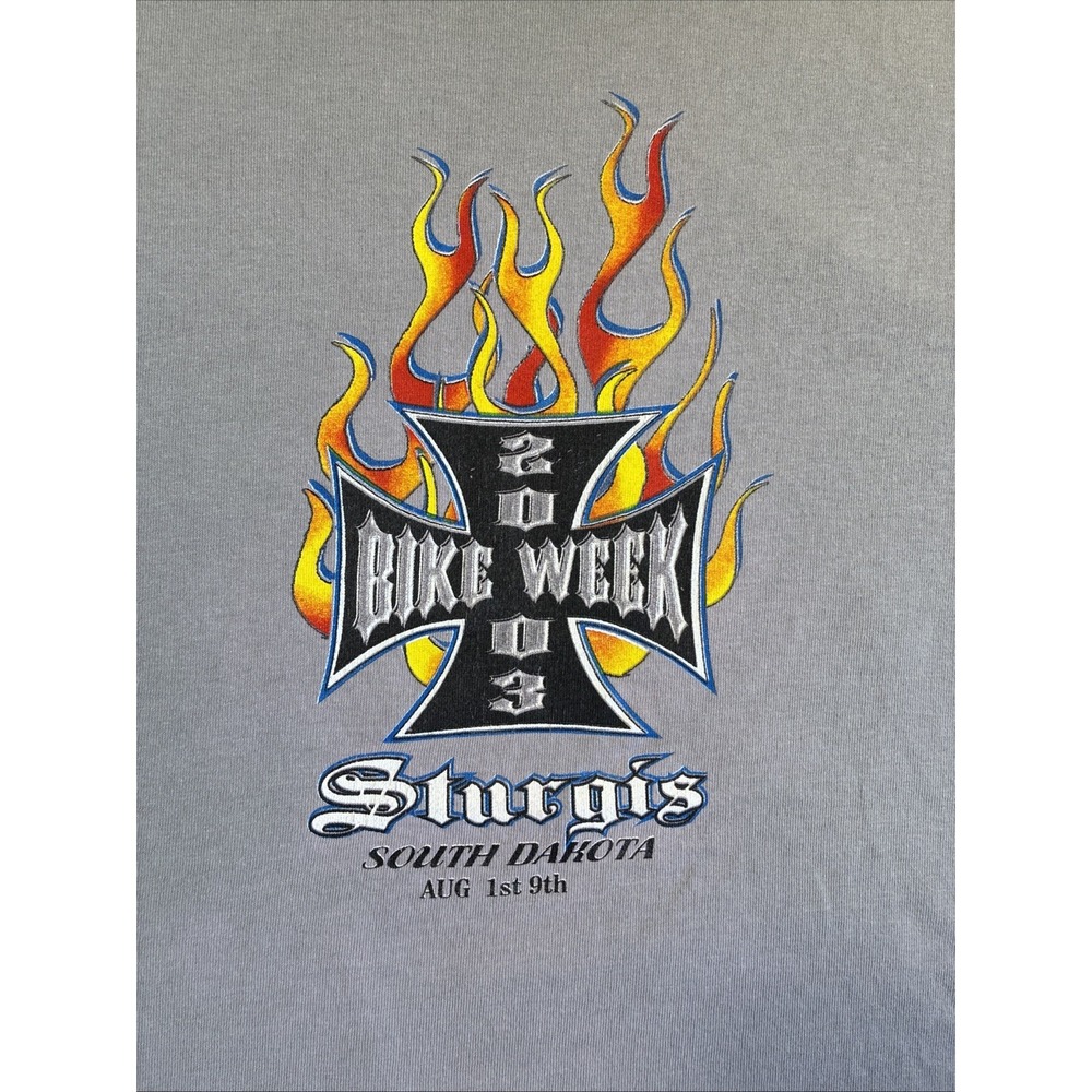 2003 Bike Week Sturgis, South Dakota Flame Cross T-Shirt, Gray 2XL